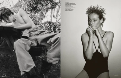 Black and white editorial spread showing two models outdoors at a wooden picnic table and indoors against a plain wall.