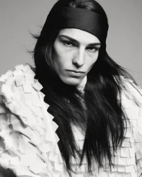 Model with long dark hair wearing a black headband and white textured top against a neutral gray background.