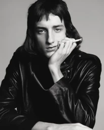 Monochrome portrait of a young man with dark shaggy hair wearing a black leather jacket against a light grey background.