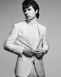 Monochrome portrait of a young male model wearing a white blazer and turtleneck sweater against a grey backdrop