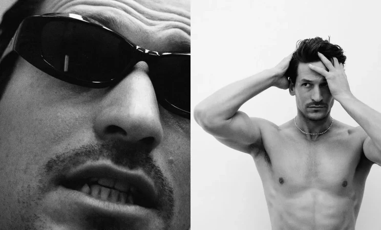 Black and white split portrait of a shirtless man wearing dark sunglasses and a silver chain necklace.