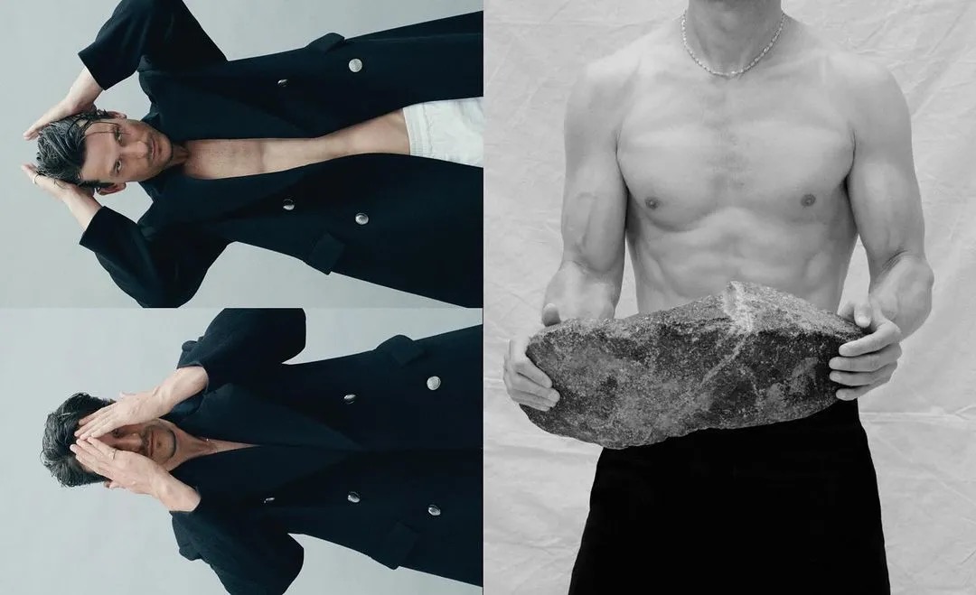 Triptych fashion editorial layout featuring a man in a black coat and another shirtless man holding a stone.