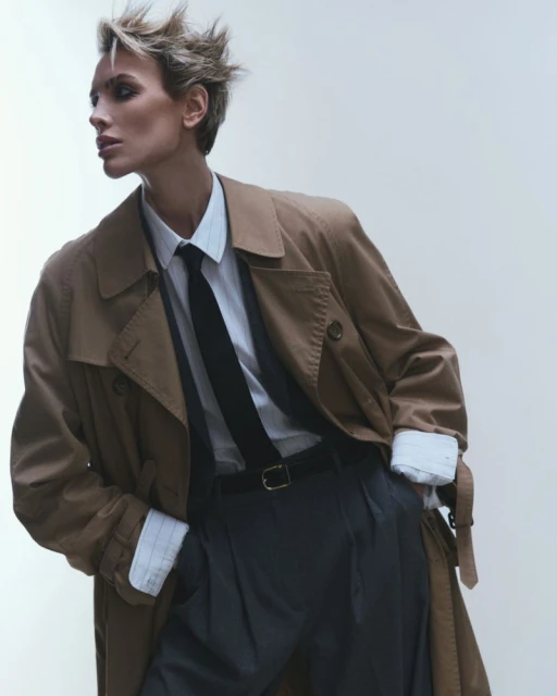 A stylish adult woman in a tan trench coat, white collared shirt, and dark tie poses in a neutral studio setting, fashion-forward and elegant.