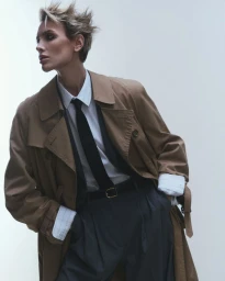 Wallis Day in a camel trench coat, white shirt, black tie and dark trousers against a white seamless background