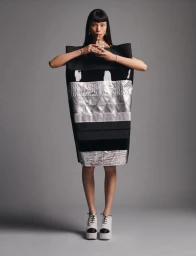 Model Diane Chiu in structured black and silver geometric dress sipping from a carton against a grey background.