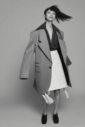 Model Diane Chiu in an oversized grey blazer and white skirt for Pop Magazine photographed by Paul Wetherell