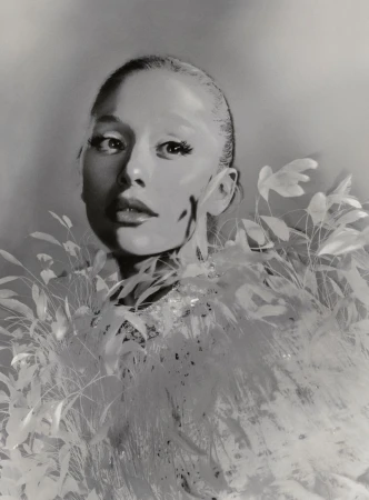 Monochrome portrait of a young woman, fair skin, with a light feather boa, gazing at the viewer, eye-level angle, and clean background.