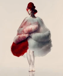 Full-length studio portrait of model Ida Heiner wearing a voluminous white and red sculptural tulle dress and updo hairstyle.