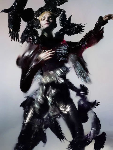 Fashion portrait of a blonde woman surrounded by black crows, wearing a shiny black, textured outfit against a pale gradient background.