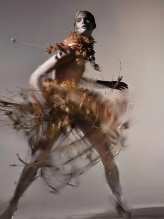 Person in couture dress with organic material, photographed with long exposure against a neutral background in a studio shot.