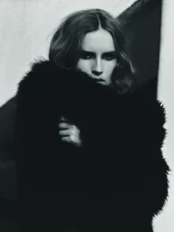 Monochrome portrait of a woman wearing a heavy dark fur coat with arms crossed, captured against an architectural background