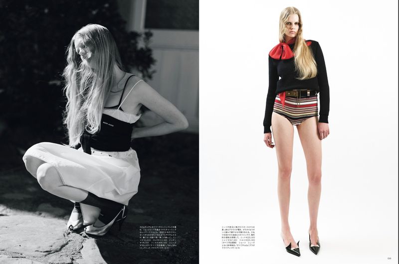 Two-panel fashion editorial shot features an adult female model in an outdoor setting (left panel) and a full-body shot against a white backdrop.