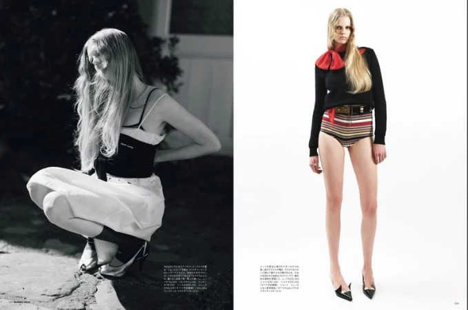 Two-panel fashion editorial shot features an adult female model in an outdoor setting (left panel) and a full-body shot against a white backdrop.