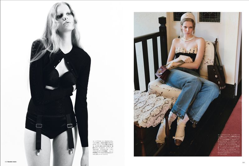Two fashion photos of a woman; in the left frame, a woman poses in a black lingerie and cardigan set; right frame woman seated.