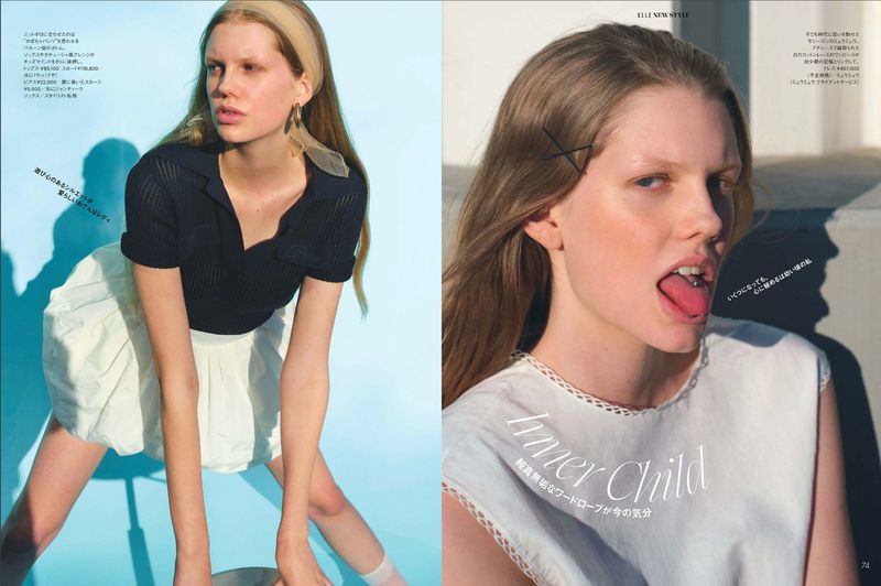 Fashion editorial split image of a young woman in a black top and white skirt with pale skin, and sticking out her tongue.