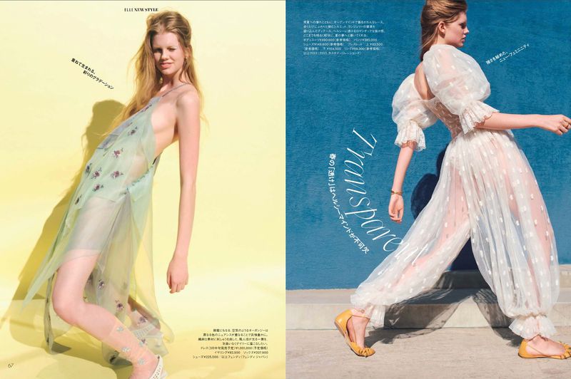 Fashion editorial featuring a blonde woman in a sheer pastel dress against a yellow background, and a jumpsuit against a blue backdrop.