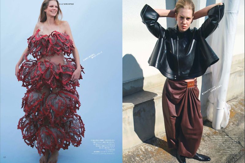 Editorial double-page spread featuring two models wearing structured leather fashion designs against contrasting backgrounds.