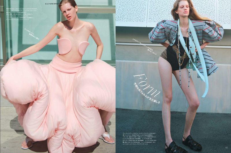 Fashion editorial split image shows a slender female model in high fashion apparel posing indoors against a light-colored geometric background.