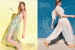 Two-page magazine spread featuring a female model in sheer pastel dresses against yellow and blue backgrounds.