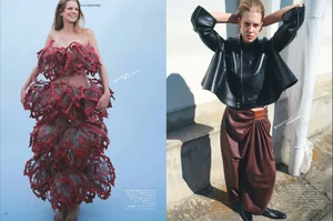 Editorial double-page spread featuring two models wearing structured leather fashion designs against contrasting backgrounds.