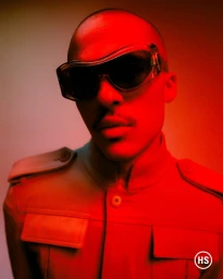 Close-up portrait of a model wearing dark futuristic sunglasses and a tan jacket under vibrant red studio lighting.