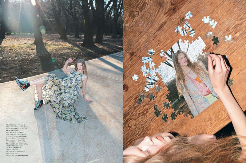 Dual fashion-themed image featuring a model posing outdoors and a puzzle being assembled on a wooden floor, combining nature and indoor elements.