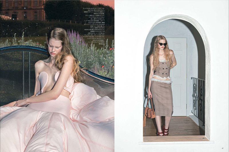 Two-panel fashion editorial spread featuring a model in a pink lingerie-inspired outfit and a model in a tailored suit and sunglasses.
