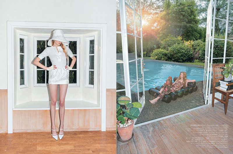 Two women pose in separate indoor settings; one in white with a hat by a window, the other in floral by a pool with trees.