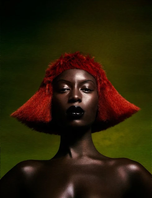 A woman with dark skin and a red, short wig poses against a green backdrop, wearing striking dark lipstick and a shiny top.
