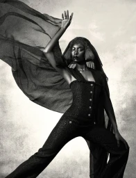 Black and white fashion editorial photograph of a black woman posing dynamically with flowing dark sheer fabric.