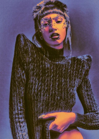 Portrait of adult female wearing a knit sweater, hat with fur trim, and facial jewelry, posing against a grey and violet backdrop.