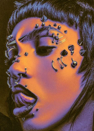 Close-up portrait of a person with numerous face piercings, vibrant orange and purple skin tones, and dark hair against a dark background.