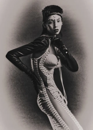 Model wearing a lace-up corset and long black leather gloves with artistic face makeup against a textured monochrome background.