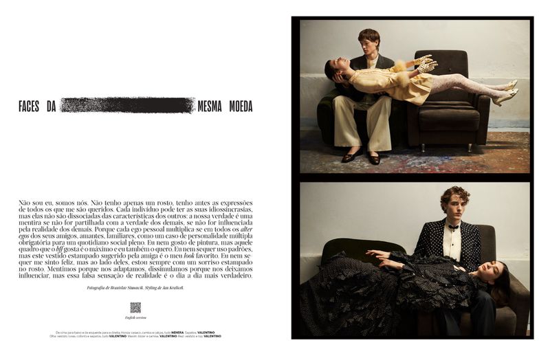 Two editorial portrait panels featuring models posed dramatically on armchairs for Vogue Portugal