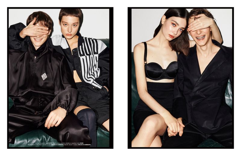 Two side-by-side photos feature two young couples dressed in all black in an indoor setting with soft lighting, capturing fashion and style.