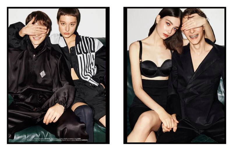 Two side-by-side photos feature two young couples dressed in all black in an indoor setting with soft lighting, capturing fashion and style.