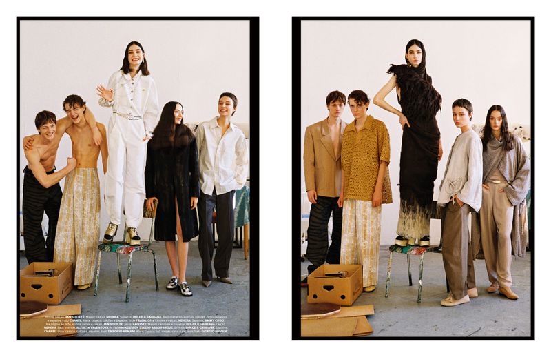 Two side-by-side fashion editorial images featuring a diverse group of models posing in a light studio space for Vogue Portugal.
