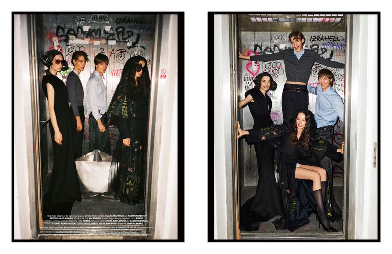 Fashion editorial inside an elevator with a group of four women and three men wearing formal attire and posing against graffiti walls.