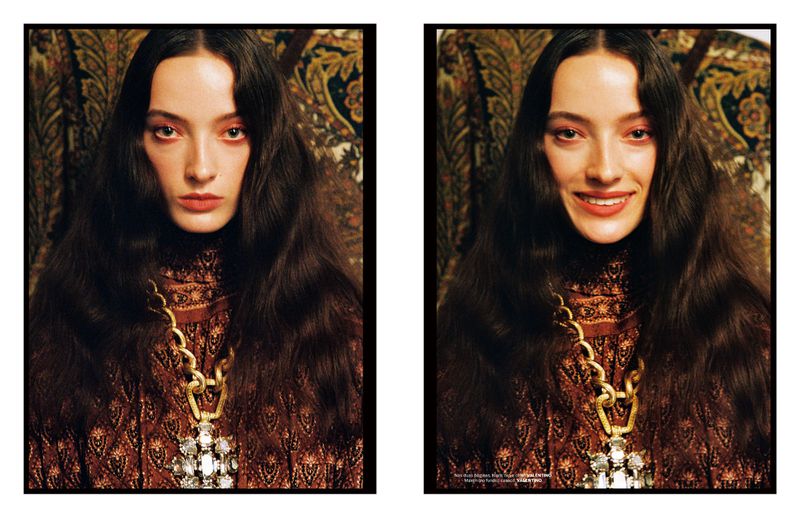 Dual portrait of a woman with long brown hair wearing a patterned brown top and a large gold necklace with jeweled pendant.
