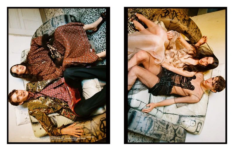 Two-panel fashion shot shows couples in patterned outfits lounging on patterned surfaces indoors with one couple in lighter fabrics.