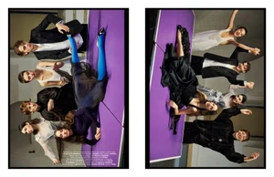 Group of models posed around a vibrant purple surface in an editorial fashion campaign for Vogue Portugal by Branislav Simoncik.