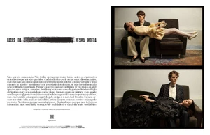 Two editorial portrait panels featuring models posed dramatically on armchairs for Vogue Portugal