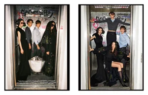 Two fashion editorial panels showing models posed inside a graffiti-covered elevator interior for Vogue Portugal