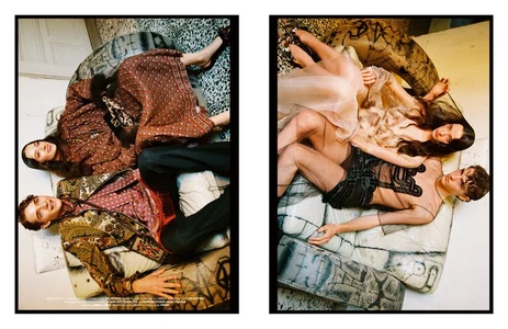 Two side-by-side vertical fashion editorial photos featuring models lounging together on patterned vintage leather chairs.