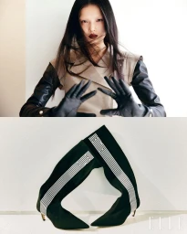 Model with dark hair and black gloves reaching toward camera, paired with a split frame showing designer boots