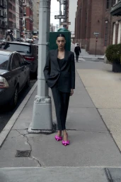 Model Lameka Fox in a dark suit and bright pink shoes posing on a city sidewalk for Scanlan Theodore Winter 20 Campaign.