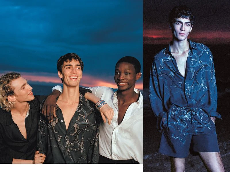 Three young male fashion models pose outdoors at dusk in a collaborative shot, showcasing patterned shirts in a promotional fashion image.