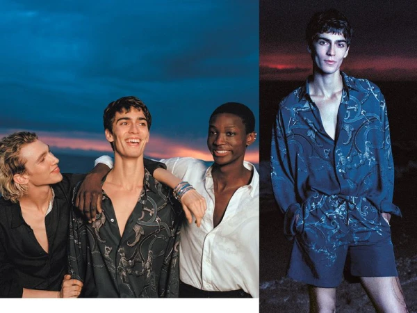 Three young male fashion models pose outdoors at dusk in a collaborative shot, showcasing patterned shirts in a promotional fashion image.