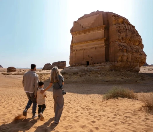 A family of three walks across a sandy desert towards a large, ancient rock formation under a clear sky, creating a serene landscape.