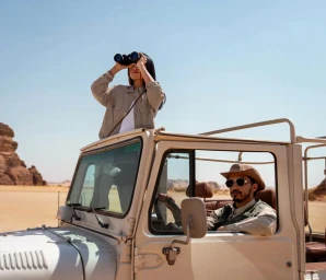 Two people on an off-road vehicle in the desert, a woman standing up using binoculars and a man seated in the driver seat wearing a hat and sunglasses.